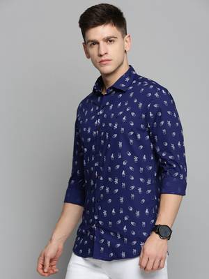men's long sleeves conversational navy blue shirt 3