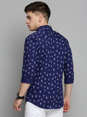 men's long sleeves conversational navy blue shirt 4