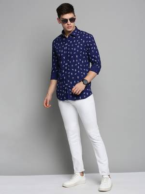 men's long sleeves conversational navy blue shirt 5