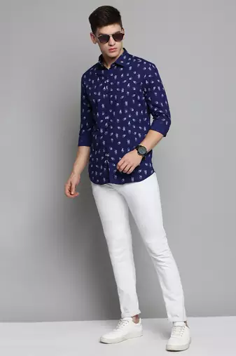 men's long sleeves conversational navy blue shirt