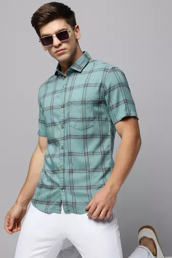 Showoff men's short sleeves tartan checks sea green shirt