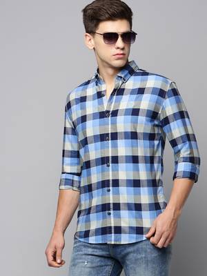 men's long sleeves tartan checks blue shirt 1