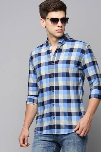 men's long sleeves tartan checks blue shirt