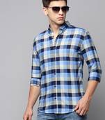 men's long sleeves tartan checks blue shirt