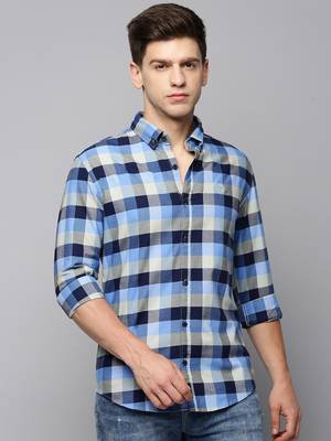 men's long sleeves tartan checks blue shirt 2