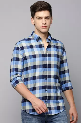 men's long sleeves tartan checks blue shirt