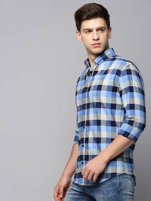 men's long sleeves tartan checks blue shirt 3