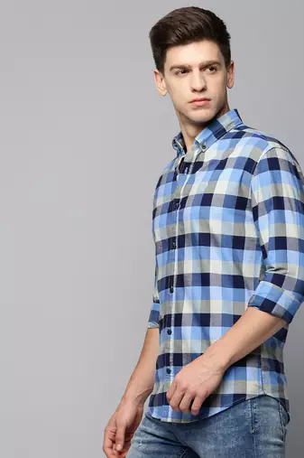 men's long sleeves tartan checks blue shirt
