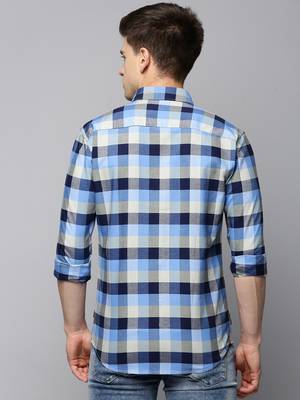 men's long sleeves tartan checks blue shirt 4