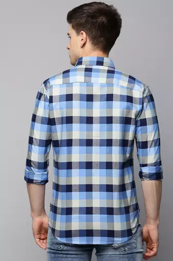 men's long sleeves tartan checks blue shirt