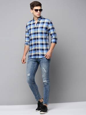 men's long sleeves tartan checks blue shirt 5