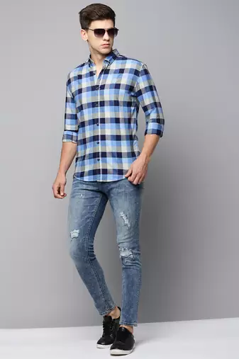 men's long sleeves tartan checks blue shirt