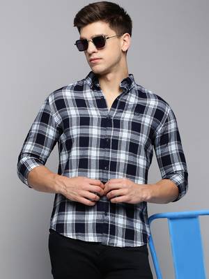 men's long sleeves tartan checks blue shirt 1