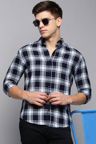 men's long sleeves tartan checks blue shirt