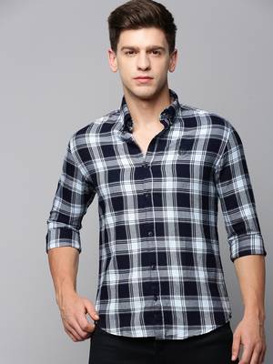 men's long sleeves tartan checks blue shirt 2