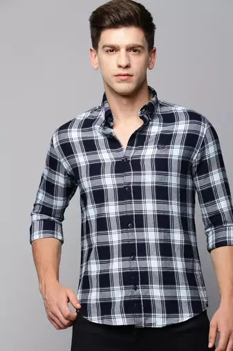 men's long sleeves tartan checks blue shirt