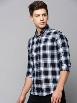 men's long sleeves tartan checks blue shirt 3