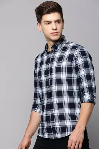 men's long sleeves tartan checks blue shirt