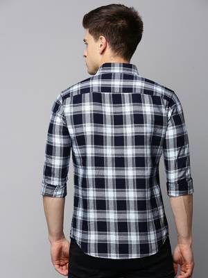 men's long sleeves tartan checks blue shirt 4