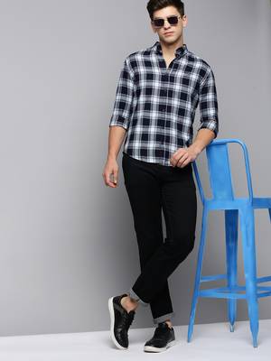men's long sleeves tartan checks blue shirt 5