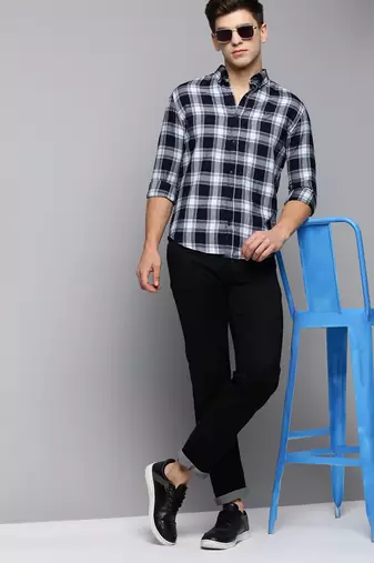 men's long sleeves tartan checks blue shirt