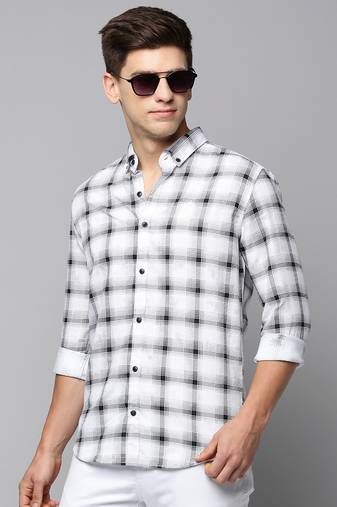 men's long sleeves tartan checks white shirt