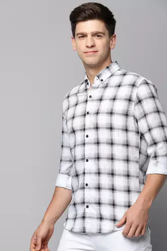 men's long sleeves tartan checks white shirt