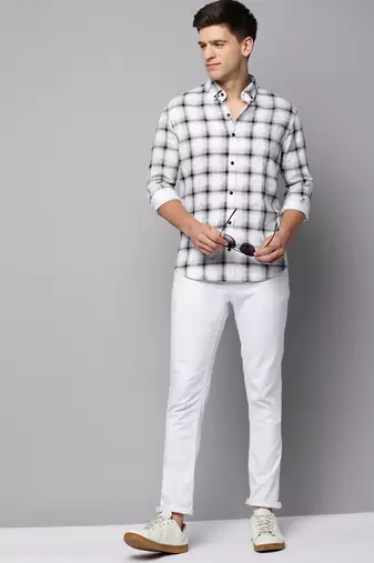 men's long sleeves tartan checks white shirt