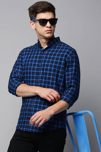 men's long sleeves tartan checks navy blue shirt