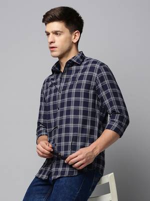 men's long sleeves tartan checks navy blue shirt 1