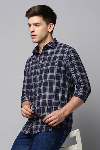 men's long sleeves tartan checks navy blue shirt