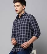 men's long sleeves tartan checks navy blue shirt
