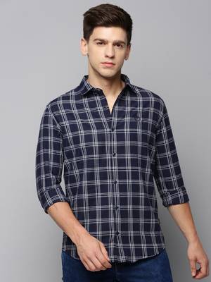 men's long sleeves tartan checks navy blue shirt 2