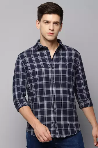 men's long sleeves tartan checks navy blue shirt