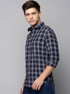 men's long sleeves tartan checks navy blue shirt 3