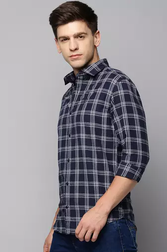 men's long sleeves tartan checks navy blue shirt