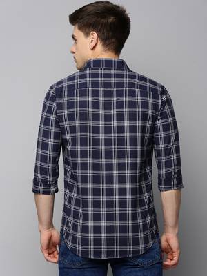 men's long sleeves tartan checks navy blue shirt 4