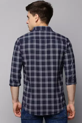 men's long sleeves tartan checks navy blue shirt