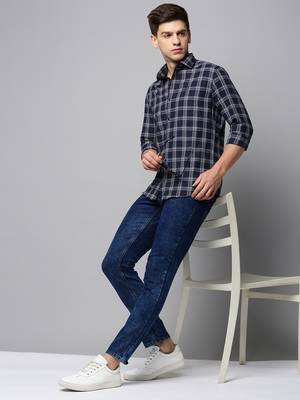 men's long sleeves tartan checks navy blue shirt 5