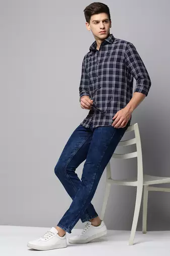 men's long sleeves tartan checks navy blue shirt