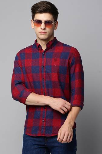 men's long sleeves tartan checks maroon shirt