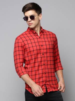 men's long sleeves tartan checks red shirt 1