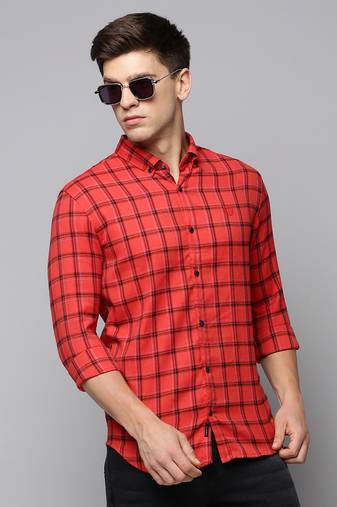 men's long sleeves tartan checks red shirt