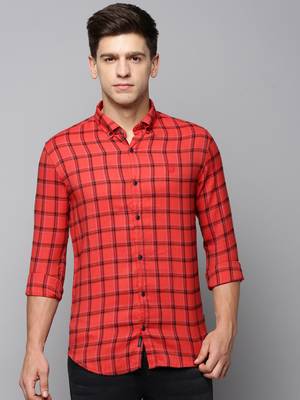 men's long sleeves tartan checks red shirt 2