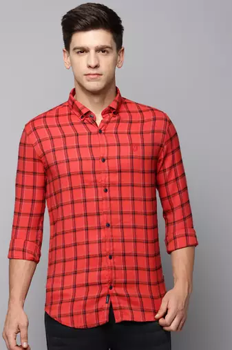 men's long sleeves tartan checks red shirt