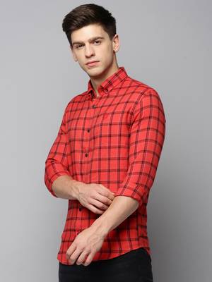 men's long sleeves tartan checks red shirt 3