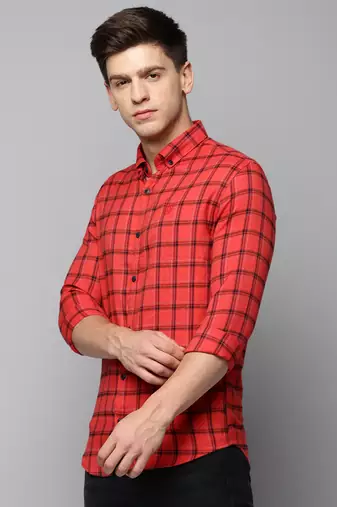 men's long sleeves tartan checks red shirt