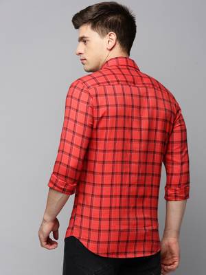 men's long sleeves tartan checks red shirt 4