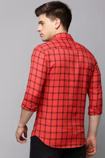 men's long sleeves tartan checks red shirt