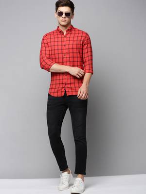 men's long sleeves tartan checks red shirt 5
